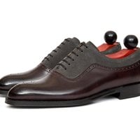 Handmade Men's Casual Shoes, Men's Burgundy Black Color Leather & Suede Lace Up Casual Shoes. - Thumbnail 1