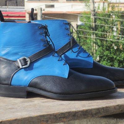 Handmade men's ankle high boot, men's black blue leather buckle casual boot. - Thumbnail 5
