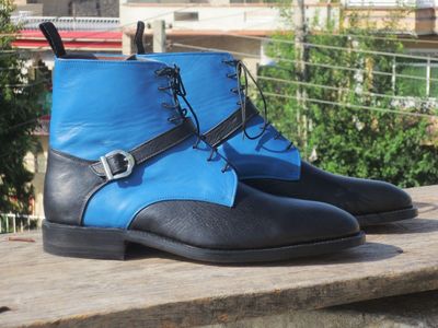 Handmade Men's Ankle High Boot, Men's Black Blue Leather Buckle Casual Boot.