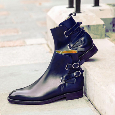 Handmade men's buckle boot, men's black color leather double buckle casual fashion boot. - Thumbnail 5