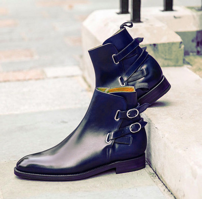 Handmade Men's Buckle Boot, Men's Black Color Leather Double Buckle Casual Fashion Boot.