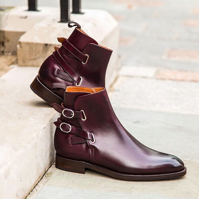 Handmade men's ankle high boot, men's burgundy color leather buckle casual boot. - Thumbnail 5