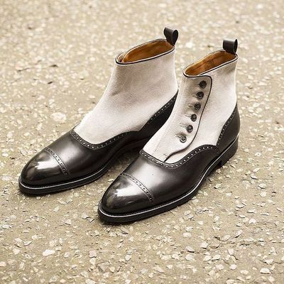 Handmade men's ankle button boot, men's black white leather & suede cap toe casual button boot. - Thumbnail 4