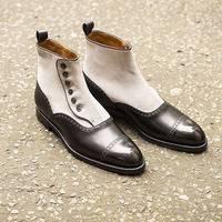 Handmade Men's Ankle Button Boot, Men's Black White Leather & Suede Cap Toe Casual Button Boot. - Thumbnail 1