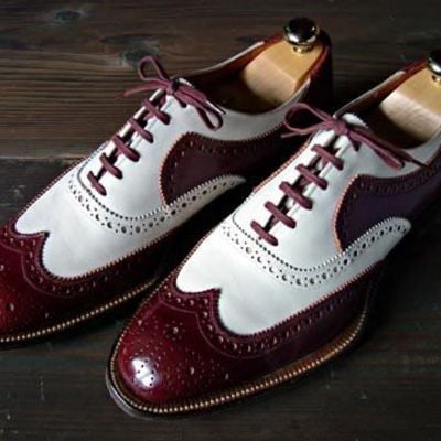 Handmade men's casual shoes, men's burgundy white color leather wing tip lace up casual shoes. - Thumbnail 5