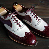 Handmade Men's Casual Shoes, Men's Burgundy White Color Leather Wing Tip Lace Up Casual Shoes. - Thumbnail 1