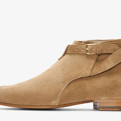 Handmade men's half ankle boot, men's beige color suede casual buckle fatening boot. - Thumbnail 5