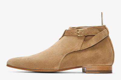 Handmade Men's Half Ankle Boot, Men's Beige Color Suede Casual Buckle Fatening Boot.