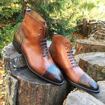 Handmade men's ankle high boot, men's brown black leather cap toe lace up casual boot. - Thumbnail 3