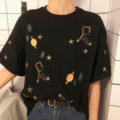 Shiny universe galaxy planet star embroidery tee