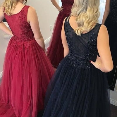 Burgundy/dark navy tulle prom dresses with beaded - Thumbnail 4