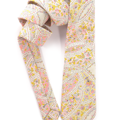 Mens necktie pink, gold and grey blue paisley tie