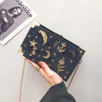 Star Moon Embroidery Velvet Box Chain Shoulder Bag - Thumbnail 2