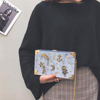 Star Moon Embroidery Velvet Box Chain Shoulder Bag - Thumbnail 1