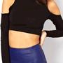 Long Sleeve Cut out Shoulder Crop Top - Thumbnail 1