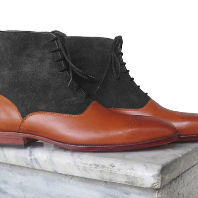 Handmade men's ankle high boot, men's black tan leather & suede lace up casual boot. - Thumbnail 4