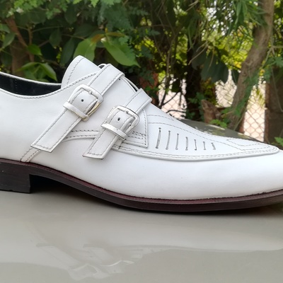 Handmade men's monk shoes, men's cow white leather double monk strap formal shoes. - Thumbnail 4
