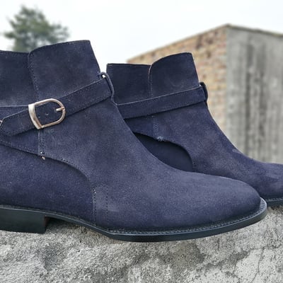 Handmade men's jodhpurs boot, men's navy blue suede buckle fashion boot, - Thumbnail 4