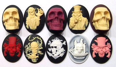10 Different 40x30 mm Cameos, Gothic Skulls, Gun n Roses, Plus Zombies, Unset in All Colors