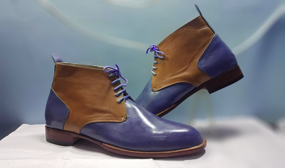 Handmade Men's Ankle High Boot, Men's Blue Brown Leather Lace Up Casual  Boot.