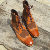 Handmade Men's Ankle High Boot, Men's Tan Brown Leather & Suede Wing Tip Lace Up Casual Boot. - Thumbnail 2