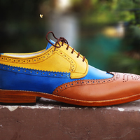 Handmade Multi Color Leather Shoes, Dress Leather Shoes Brown Blue Yellow Shoes,  - Thumbnail 1