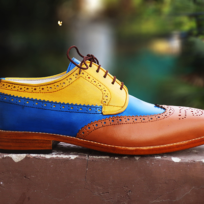 Handmade multi color leather shoes, dress leather shoes brown blue yellow shoes,  - Thumbnail 4