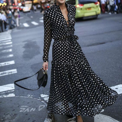 Black v neck polka dot bohemian long dress - Thumbnail 5