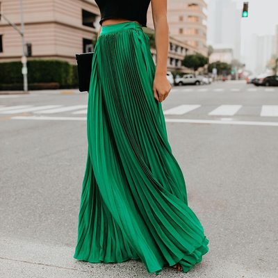 Green Classy Pleated Elastic Waist Long Skirt