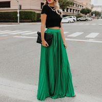 Green Classy Pleated Elastic Waist Long Skirt - Thumbnail 2