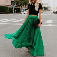 Green Classy Pleated Elastic Waist Long Skirt - Thumbnail 4