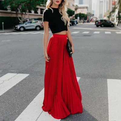 Classy red high waist pleated long skirt - Thumbnail 5
