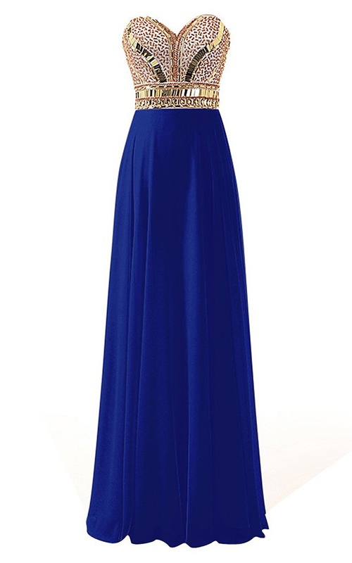 Blue Sweetheart Floor-Length A-line Prom Dress with Beading Appliques Pearls GJS675