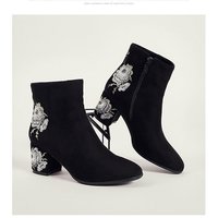 Autumn and Winter Black Floral Embroidery Ankle Boots - Thumbnail 1