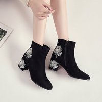 Autumn and Winter Black Floral Embroidery Ankle Boots - Thumbnail 2