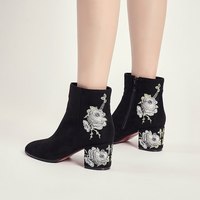 Autumn and Winter Black Floral Embroidery Ankle Boots - Thumbnail 3