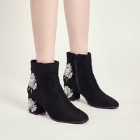 Autumn and Winter Black Floral Embroidery Ankle Boots - Thumbnail 4