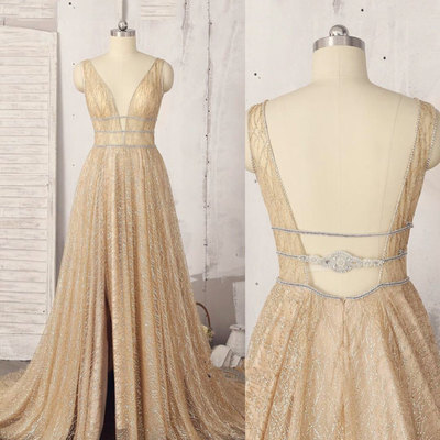 Sparkly v neck long prom dresses evening gowns - Thumbnail 5