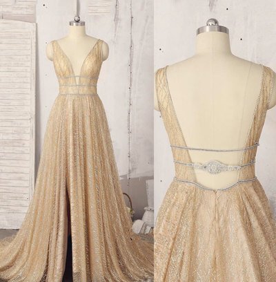 Sparkly V Neck Long Prom Dresses Evening Gowns