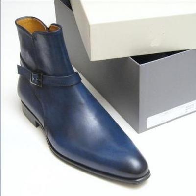 Handmade men's jodhpurs boot, men's blue black tone leather casual buckle boot - Thumbnail 4