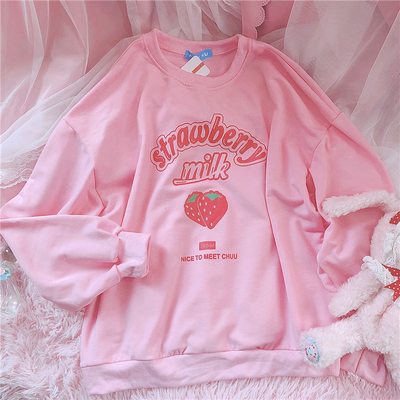 Harajuku Kawaii Strawberry Letter Print Pink Hoodie Top