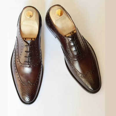 Handmade men's formal shoes, men's chocolate brown leather wing tip lace up casual shoes - Thumbnail 4