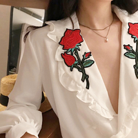 V-neck Rose Flower Embroidery Flounce Blouse Shirt - Thumbnail 1