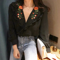 V-neck Rose Flower Embroidery Flounce Blouse Shirt - Thumbnail 3