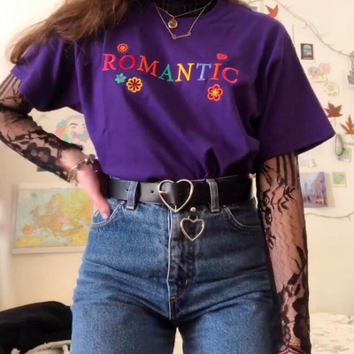 Romantic flowers heart embroidery purple tee