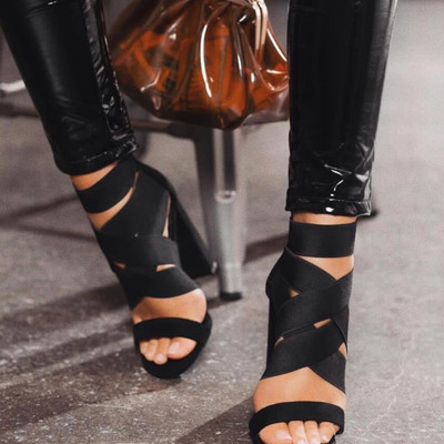 Black summer high heels bandage sandals