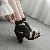 Black Summer High Heels Bandage Sandals - Thumbnail 1