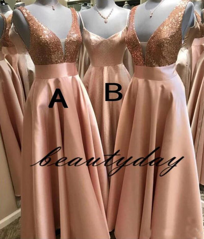 Rose Gold Sequined Long Prom Dresses