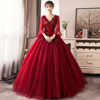 Burgundy v neck tulle lace long prom dress, evening dress - Thumbnail 4