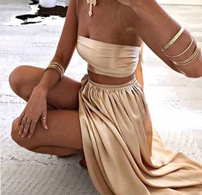 Two Piece Strapless Split Side Long Prom Dresses